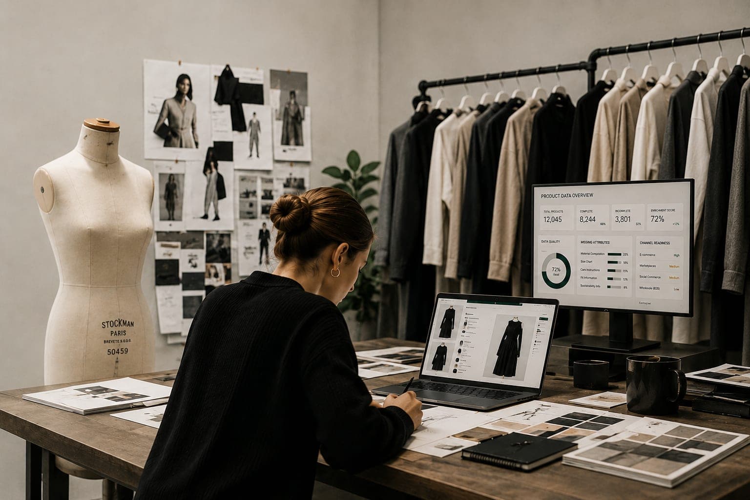 Professionnelle de la mode travaillant sur des données produit et des outils numériques.
